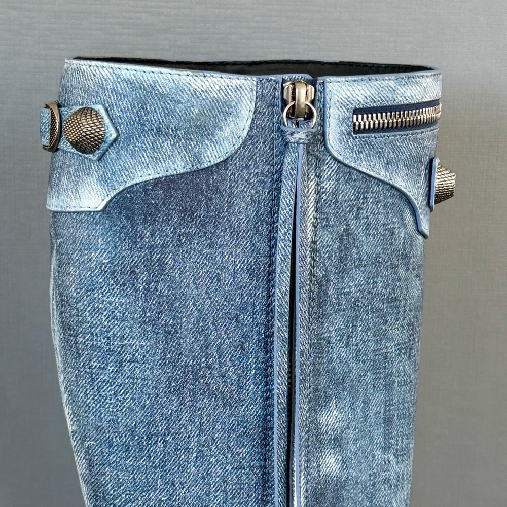NIB $2600 BALENCIAGA Cagole blue denim leather 771231 stud moto tall boots 41/11 - Picture 15 of 16